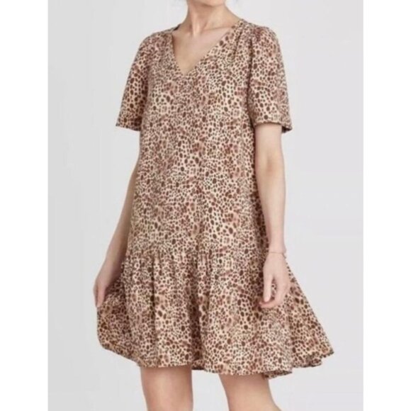 a new day Dresses & Skirts - A New Day Women Leopard Print Mini Dress Large Swing Ruffle Boho V-Neck